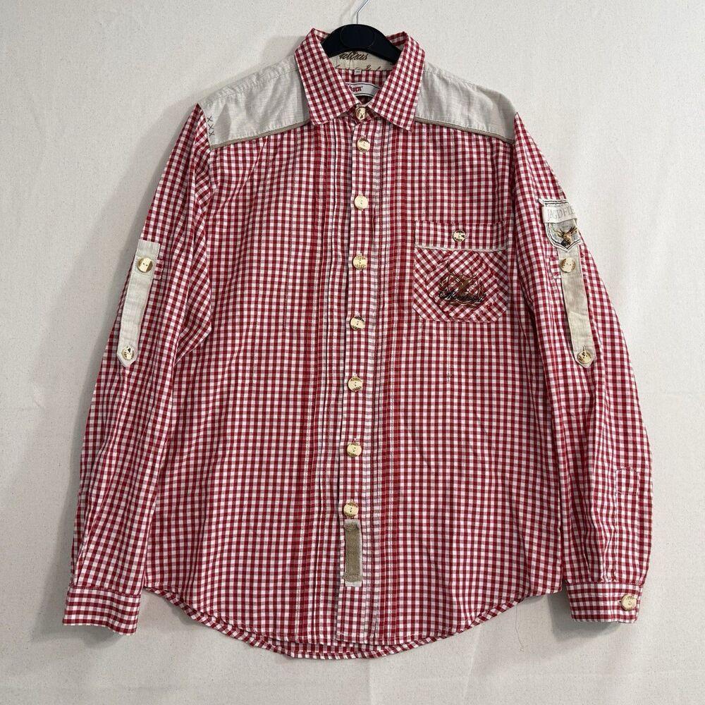 Alphorn Red Gingham Button Up Shirt Mens Size 50 Oktoberfest Alpine Embroidered